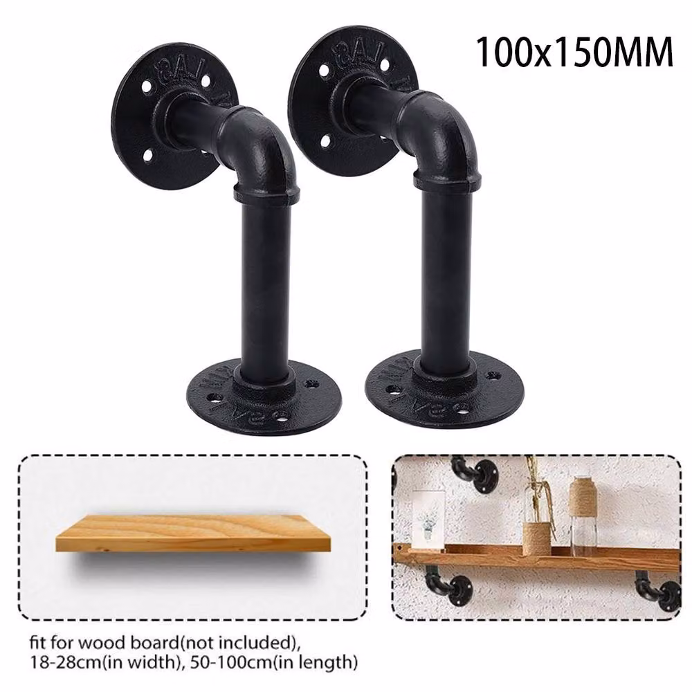 Living and Home 2-Pack Industrial Style Black Iron Pipe Wall Mounted Shelf Brackets – 2