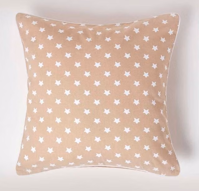 Homescapes Cotton Stars Square Cushion Cover in Beige and White, W/D/H: 45 x 45 x 45 cm