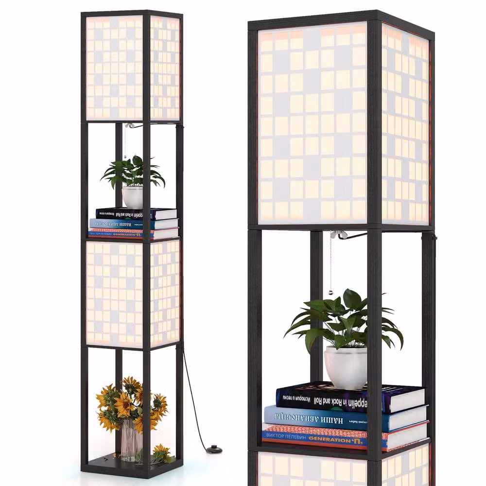 Costway 2-Light Wooden Floor Lamp with Shelves in Brown – 3