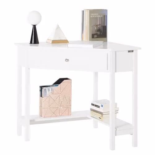SoBuy White Triangle Corner Desk with Drawer and Bottom Shelf – 1