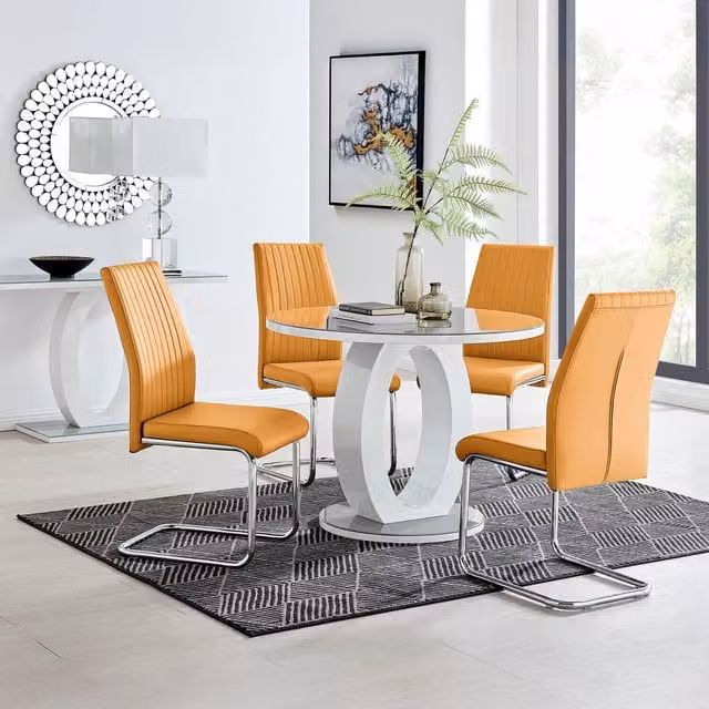 FurnitureboxUK Giovani Round Dining Table and 4 Lorenzo Chairs Set with Grey Glass Top and White High Gloss Base, Diameter: 100 cm, H x W x D: 75 x 100 x 100 cm