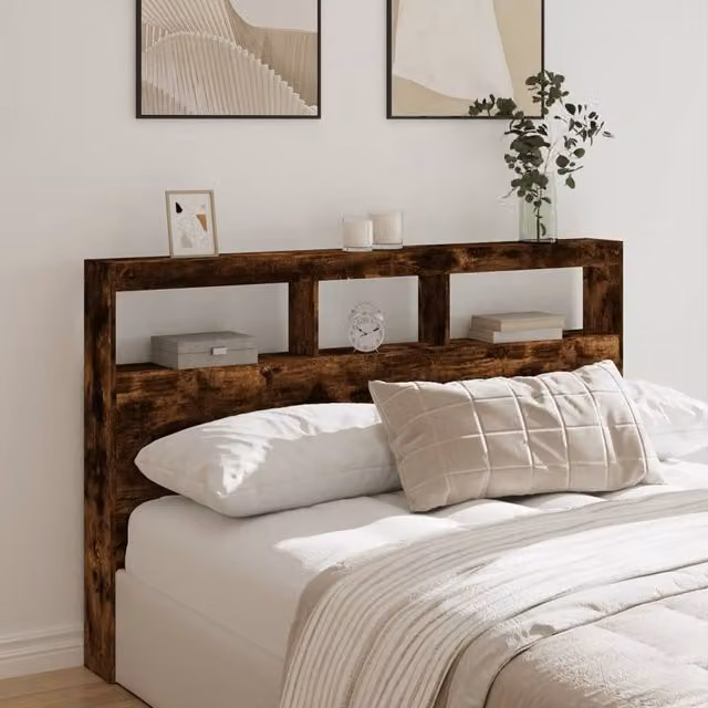 Berkfield Home Modern Smoked Oak Headboard Cabinet with LED Lighting and USB Charging Port, Brown, W: 160 cm, D: 17 cm, H: 102 cm – 1
