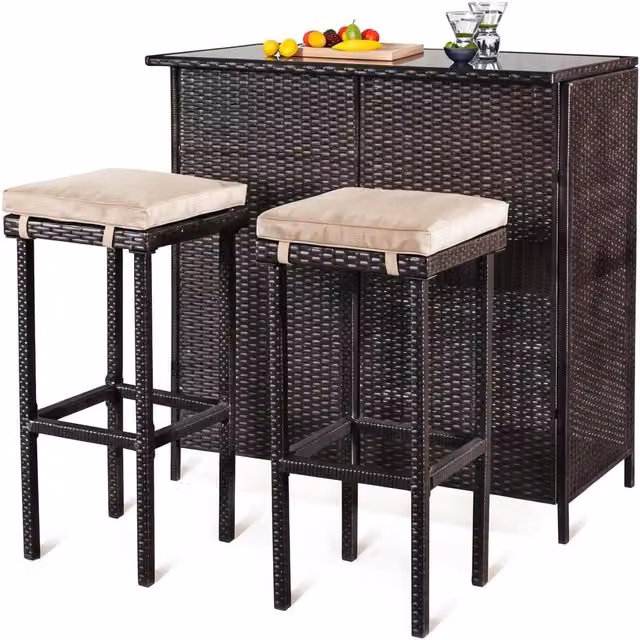 Gr8 Garden 3 Piece Rattan Wicker Bistro Set with Bar Table and 2 Stools in Dark Brown
