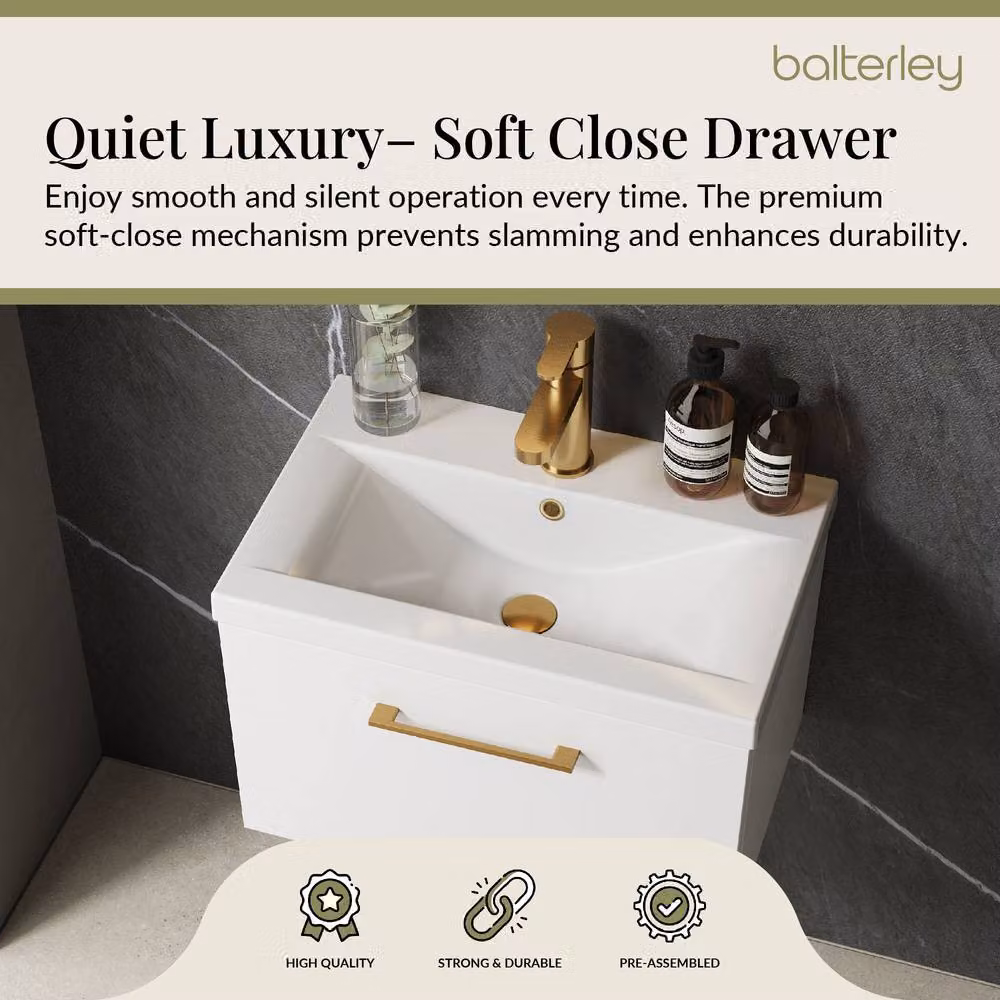 Balterley Gloss White Wall Hung 1 Drawer Vanity Basin Unit with Brass Handle, Width: 60 cm – 3