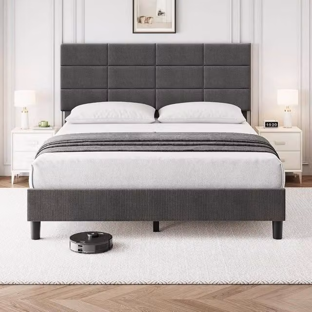 London Boutique Grey Upholstered Linen Platform Bed Frame with Headboard W/D/H: 190 x 135 x 110 cm