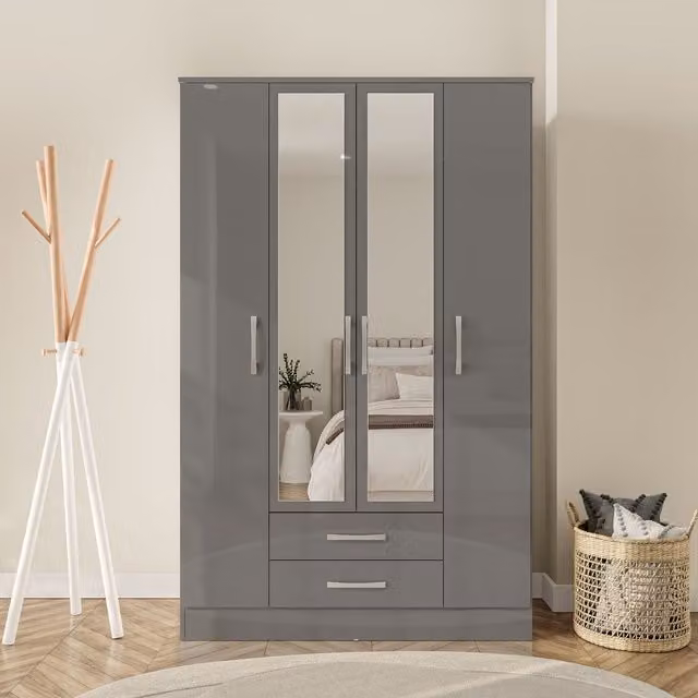 Birlea Lynx 4 Door 2 Drawer Wardrobe with Mirror in Grey and Silver Glossy Finish