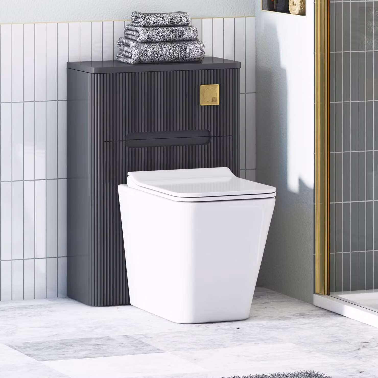 Avenza Matt Obsidian Black BTW WC Unit with Elena Rimless Ceramic Toilet Pan, Slim Soft Close Seat and Cistern, Width: 55 cm
