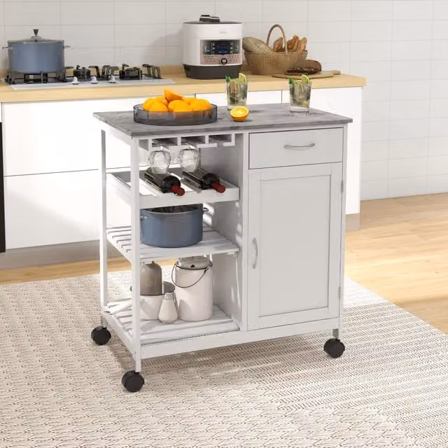 HOMCOM Compact Kitchen Trolley Utility Cart and Wine Rack Cabinet in White