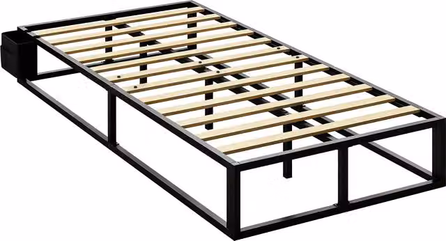 HOMCOM 3ft Single Metal Platform Bed Frame with 12 Slats and Side Storage Compartments, Black, W/D/H: 90 x 190 x 25 cm