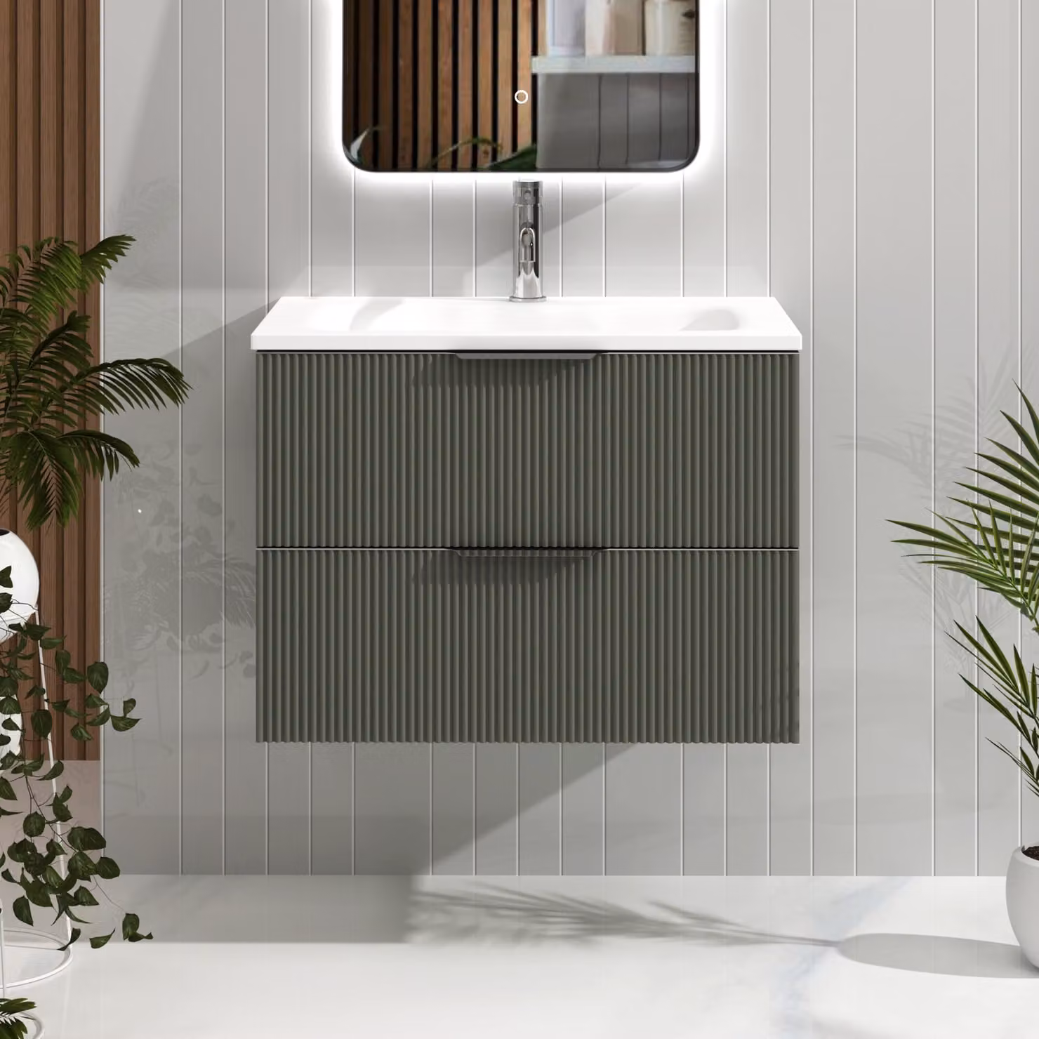 Royal Bathrooms Evora Sage Green Fluted Wall Hung Vanity Unit with 2 Drawers and Soft Close Doors