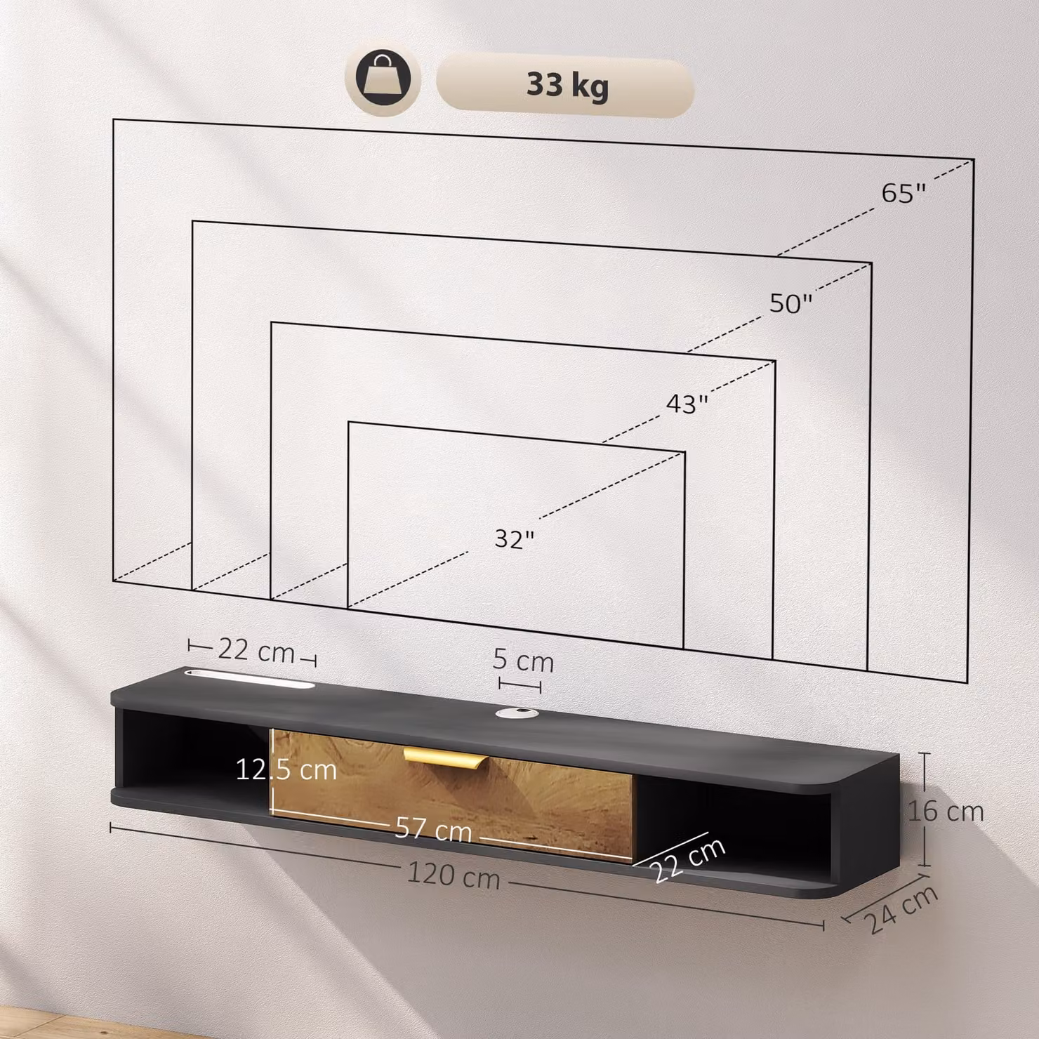 HOMCOM Modern Wall Mounted Floating TV Stand with Media Storage in Grey and Black Wood Finish, Width: 120 cm – 2