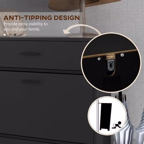 HOMCOM Modern Black Shoe Storage Cabinet with Tilting Compartments and Drawers, H 76 cm x W 110 cm x D 26 cm – 4