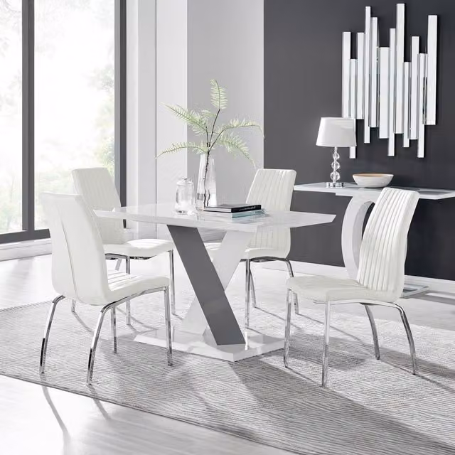 Furniturebox Monza White High Gloss Rectangular Dining Table and 4 Isco Chairs in White and Grey