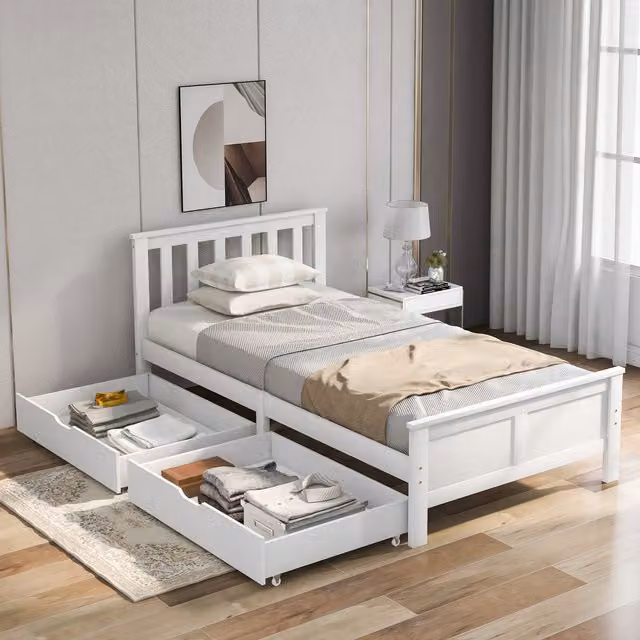 Aosom UK White Pine Single Bed with Under-Bed Storage Drawers, H 82 x W 100 x D 196 cm