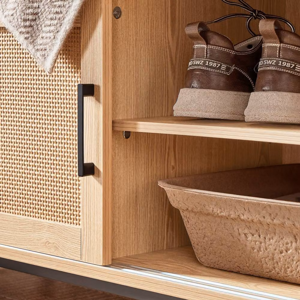 SoBuy Modern Shoe Storage Bench with Rattan Details in Oak Finish – 3
