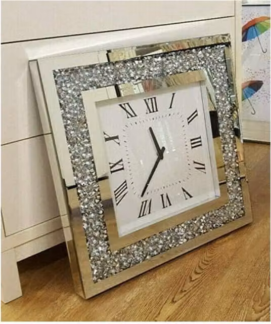 DEENZ Glamour Square Analog Quartz Wall Clock in Silver with Black Hands and Glass Cover
