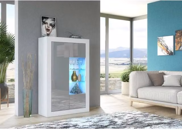FORGEVIO Modern Sideboard Cabinet with White Matt Body, Grey High Gloss Fronts and Integrated Lighting – 1