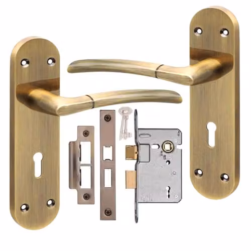 Golden Grace Indiana Long Backplate Lock Handle Set in Antique Brass