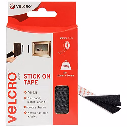 VELCRO Brand Stick On Double Sided Hook and Loop Self Adhesive Tape, Black, Width: 20 mm x Length: 1 m – 1