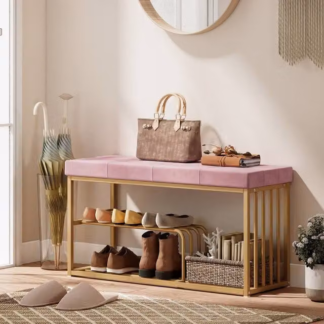 HOMCOM Pink Velvet Tufted Shoe Storage Bench with Seat Cushion – 1