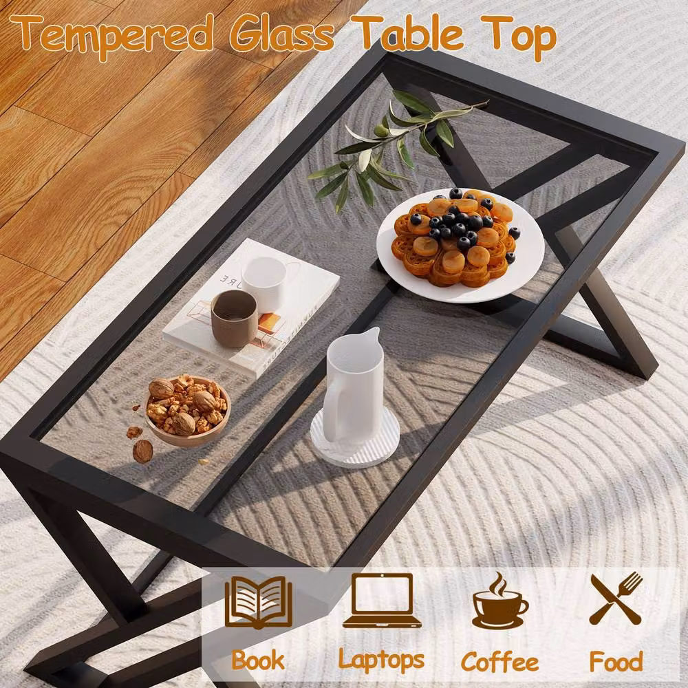 Huhote Rectangular Glass Coffee Table with Black Metal Frame in Grey – 4