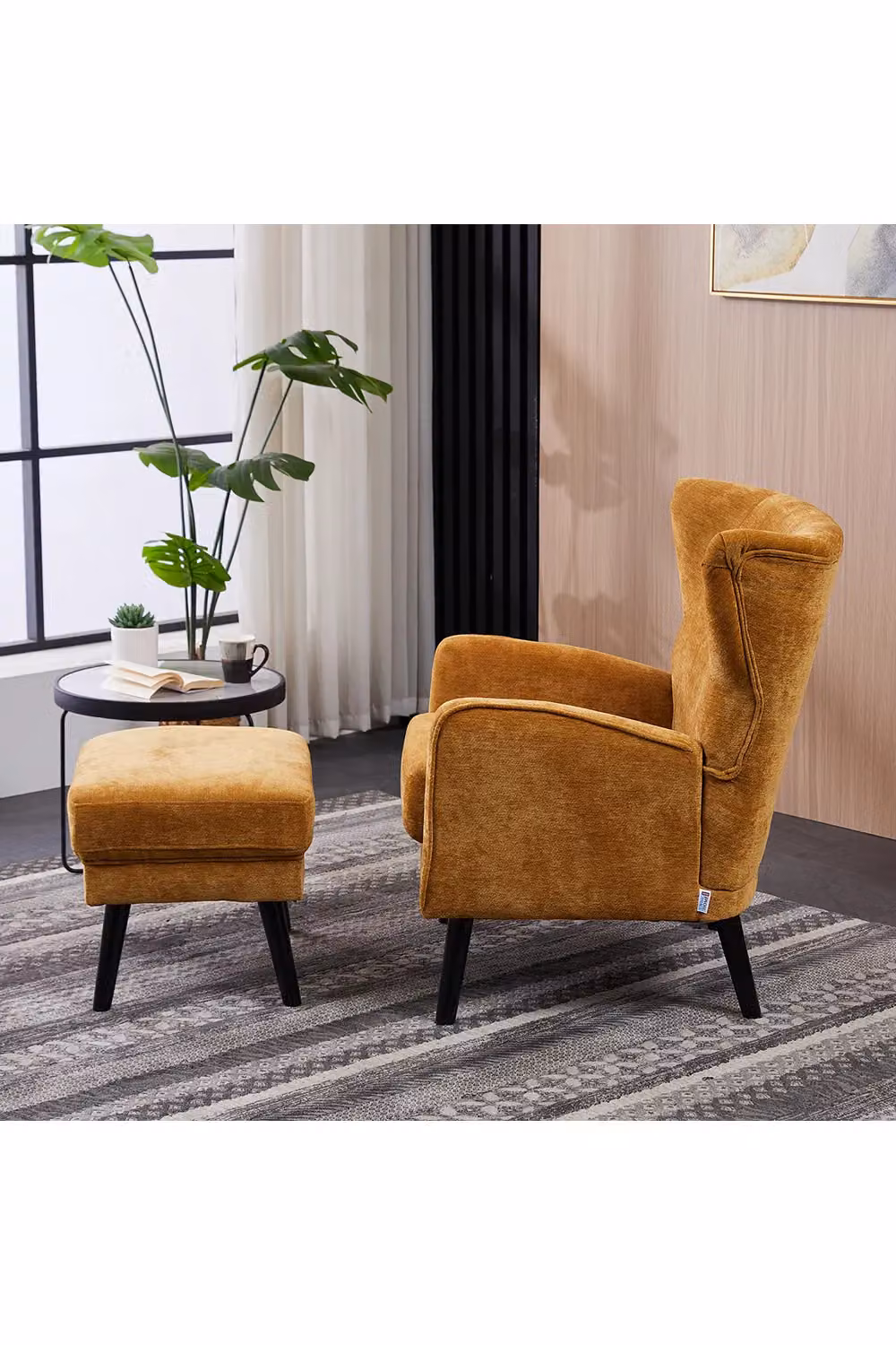 Living and Home Yellow Chenille Armchair with Footstool – 2