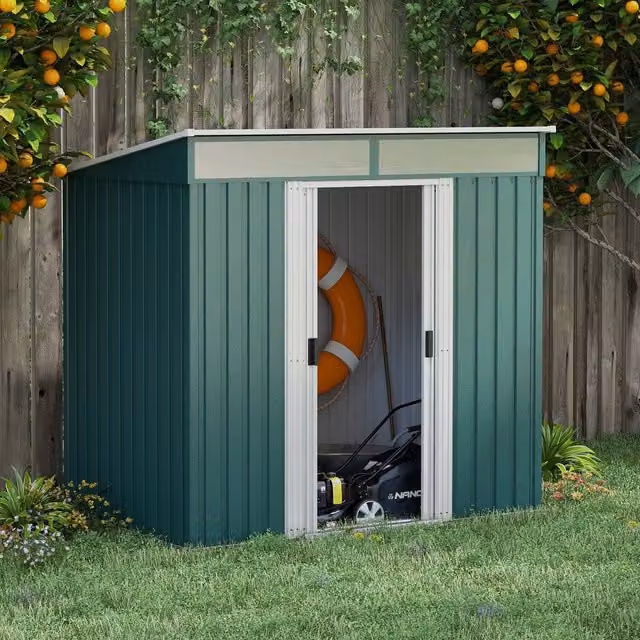 Outsunny Green Metal Garden Tool Storage Shed with Foundation and Window