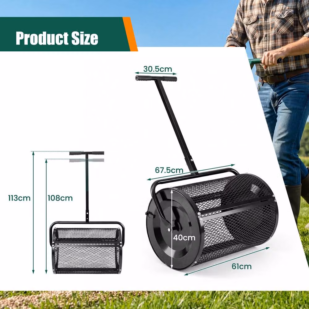 Costway Compost and Peat Moss Spreader Roller with Height-adjustable Handle in Black – 4