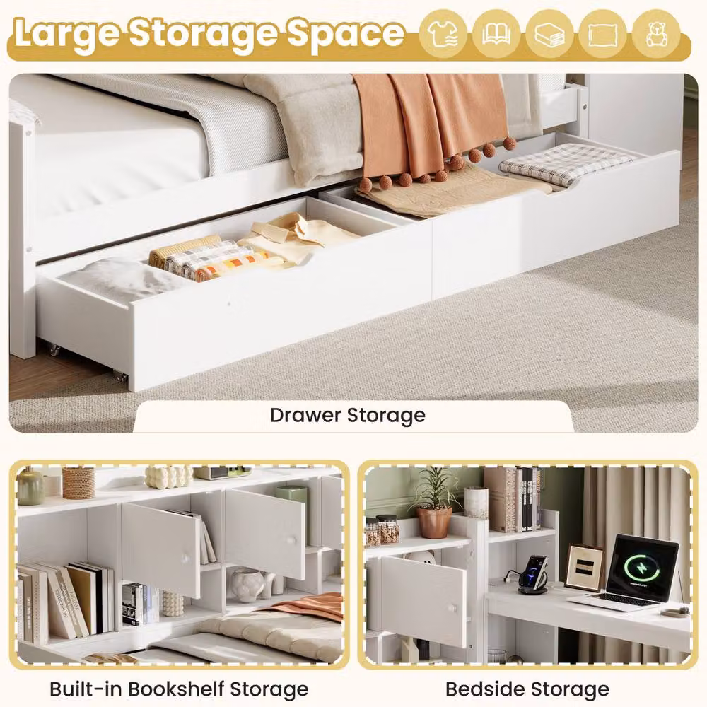 BTM Single Daybed with Storage Drawers, Bookcase and Desk in White and Gold – 4
