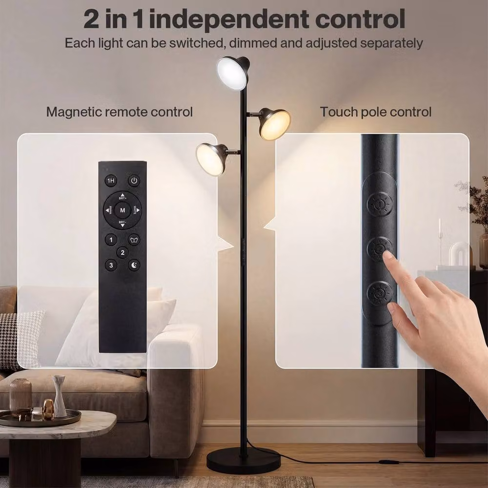 VOGREX 3-Light Dimmable Black Floor Lamp with Remote Control and Touch Function – 3