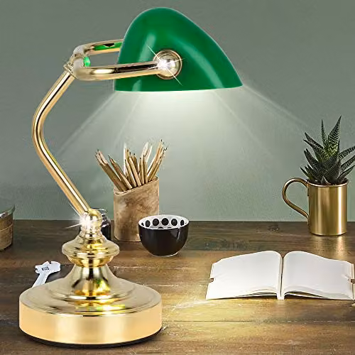 Almineez Classic Retro Bankers Lamp with Emerald Green Glass Shade and Polished Brass Metal Base, Adjustable Tilting Head Table Light – 2
