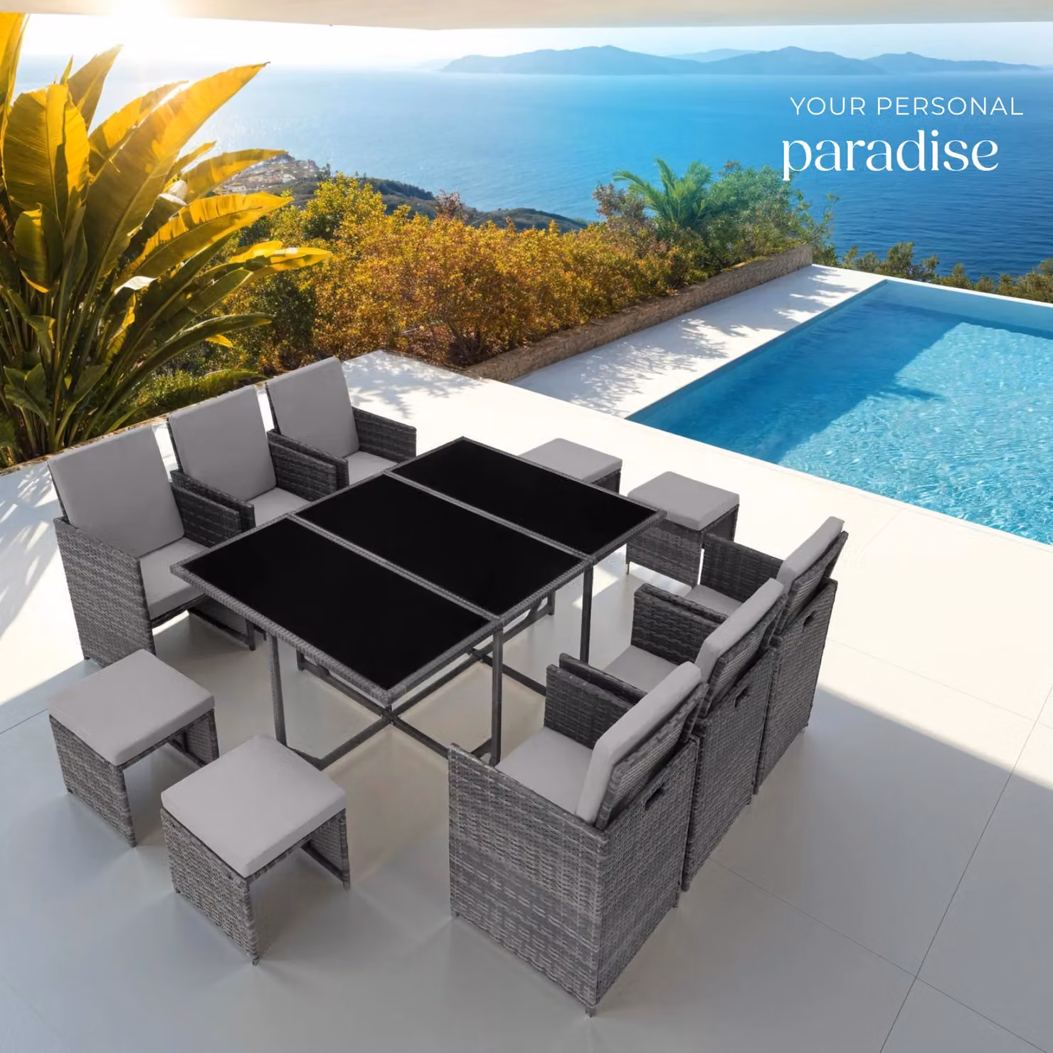 tectake Malaga Modern Extendable Rattan Garden Table and Chairs Set with Glass Top and Weather Resistant Cushions in Grey and Black – 9