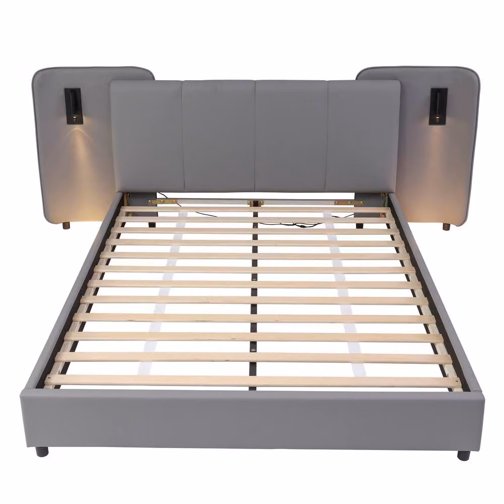 Matteo Upholstered Double Bed in Grey with USB Charging Port and Integrated Reading Light, W/D/H: 140 x 200 cm – 6
