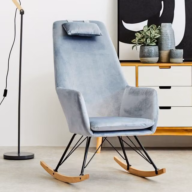 Orsina Blue Velvet Rocking Chair with Armrests and Mixed Metal and Beech Wood Frame – 2