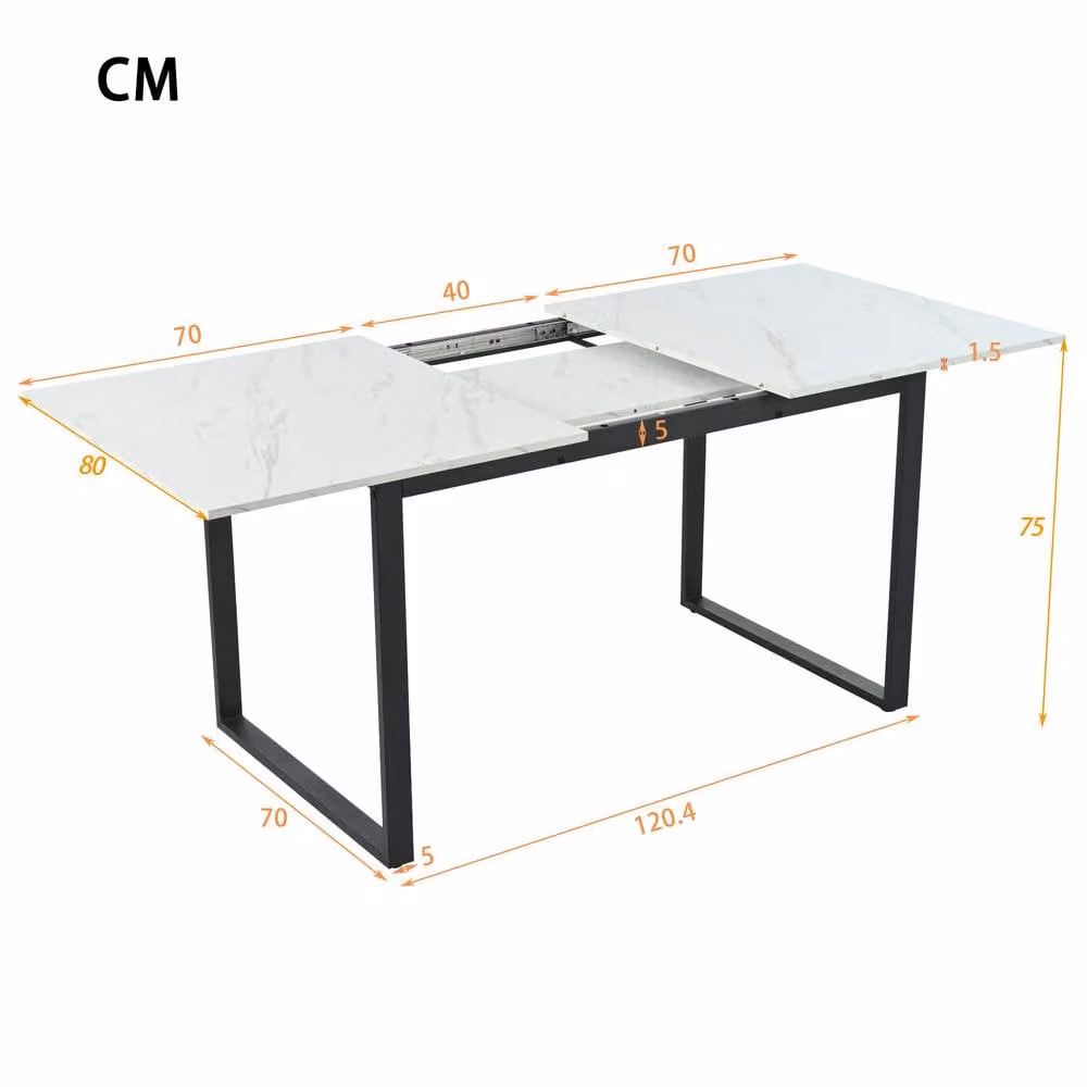 BTM White Extendable Rectangular Dining Table with Marble Pattern MDF Top and Metal Legs – 4