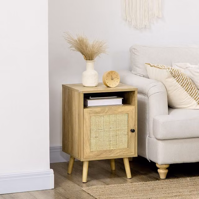 HOMCOM Mid-Century Rattan Bedside Table with Cabinet and Shelf in Yellow and Beige