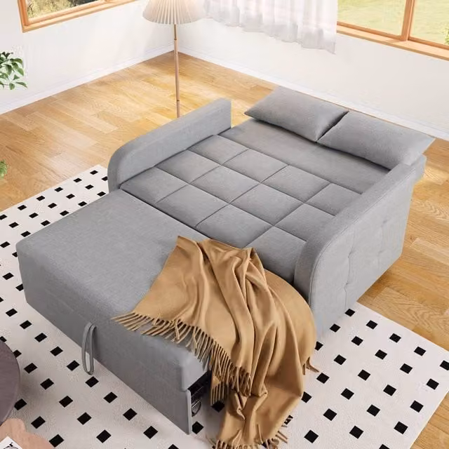 BTM Grey Fabric Foldable Sofa Bed with Adjustable Headrest and Scatter Cushions