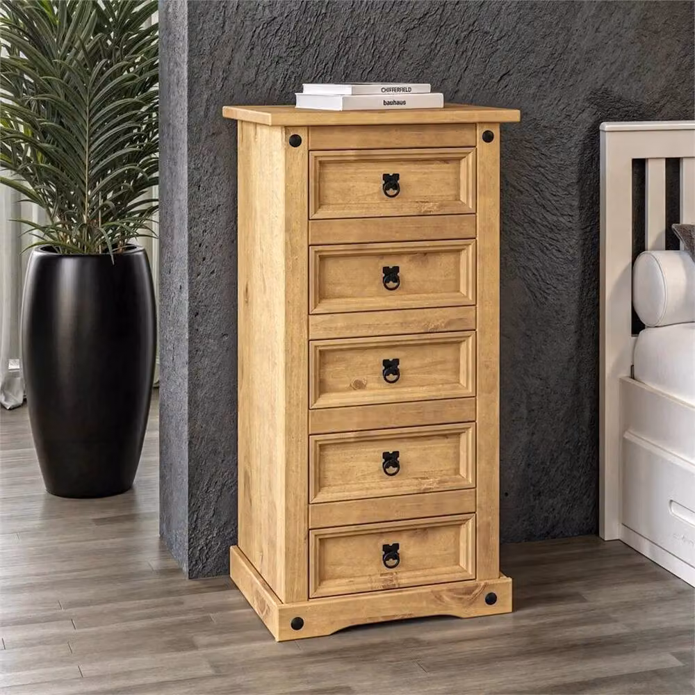 Nordara 5 Drawer Narrow Tall Chest of Drawers in Brown Rustic Mexican Solid Pine – 3