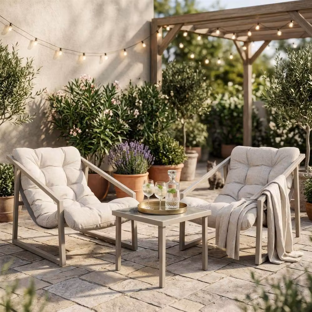 Harbour Housewares 3 Piece Padded Bistro Set in Beige and Grey with Metal and Glass Details – 2