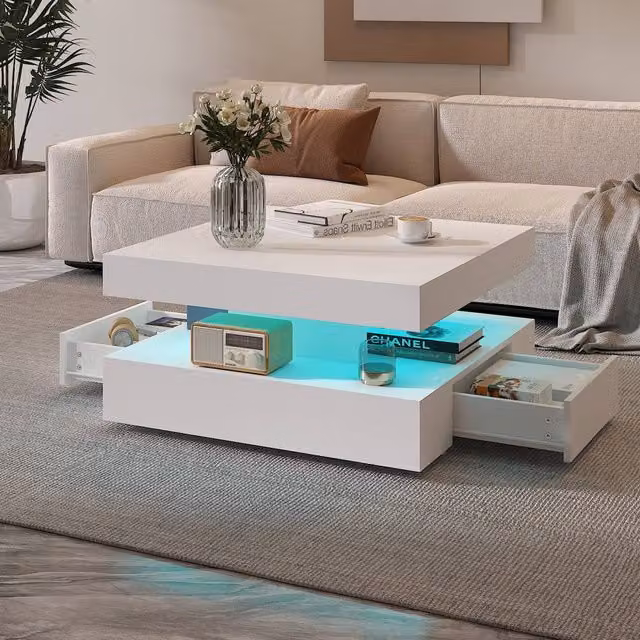 KEEPREAPER Modern LED Coffee Table with 2 Storage Drawers in White – 1