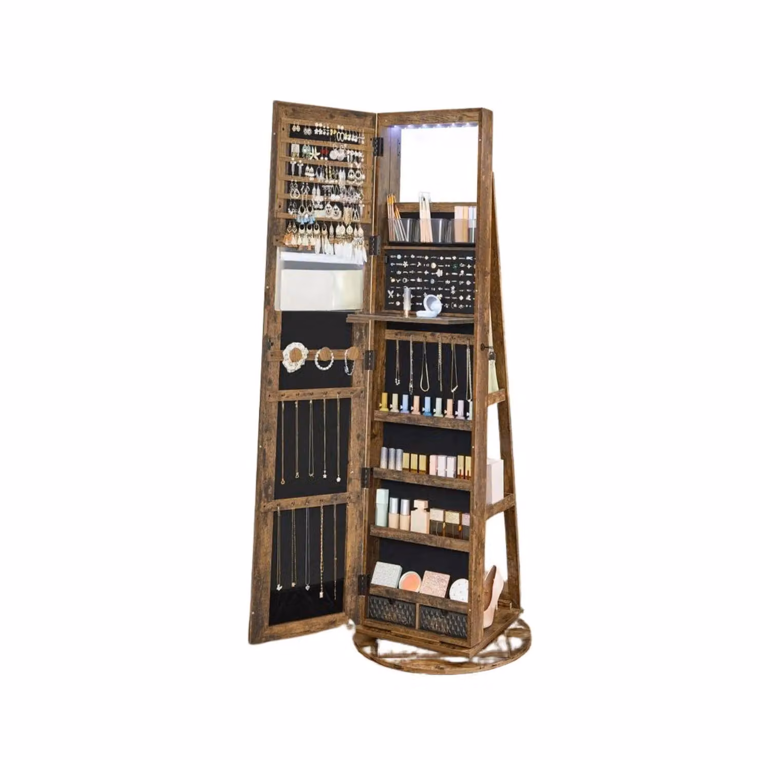FURNOS Free Standing Jewellery Cabinet with Mirror and LED Lighting in Brown – 3