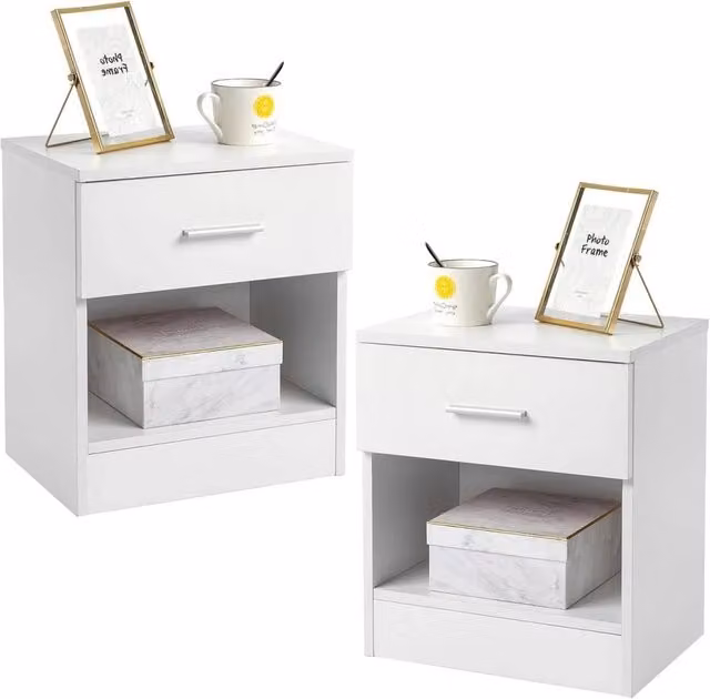 VOGREX Set of 2 Modern White End Tables with Drawer and Shelf – 1