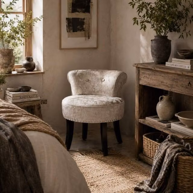 Wyld Haus Salami Beige Velvet Dressing Table Stool with Rubberwood Legs, H 62 cm x W 54 cm x D 50 cm