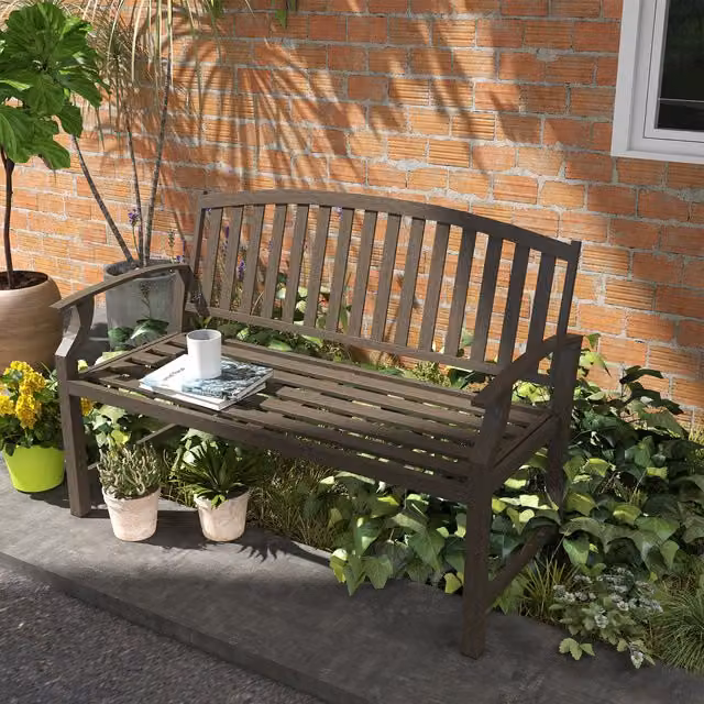 Outsunny Brown Slatted Wood and Metal Garden Bench with Seat and Backrest