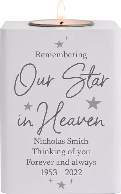 Personalised Memento Company Our Star In Heaven White Wooden Tea Light Holder