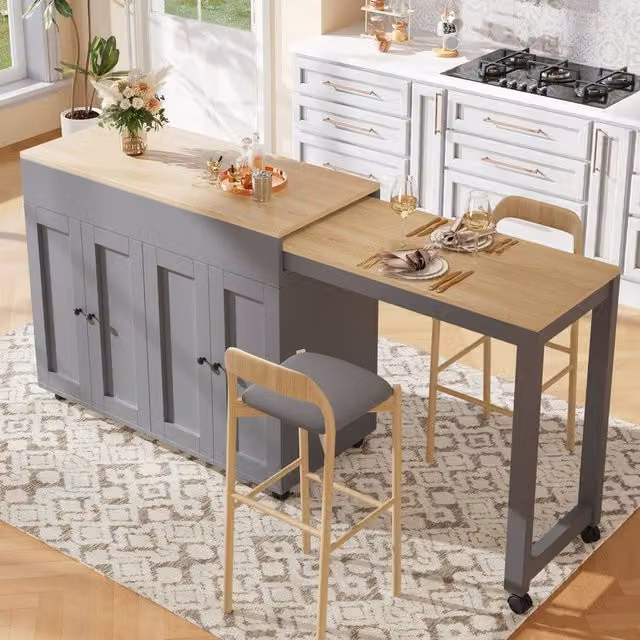 BTM Extendable Bar Table with 6 Storage Shelves in White and Grey
