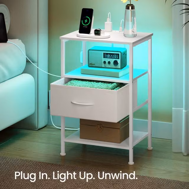SONGMICS Set of 2 White Bedside Tables with App-Controlled Adjustable LED Lighting
