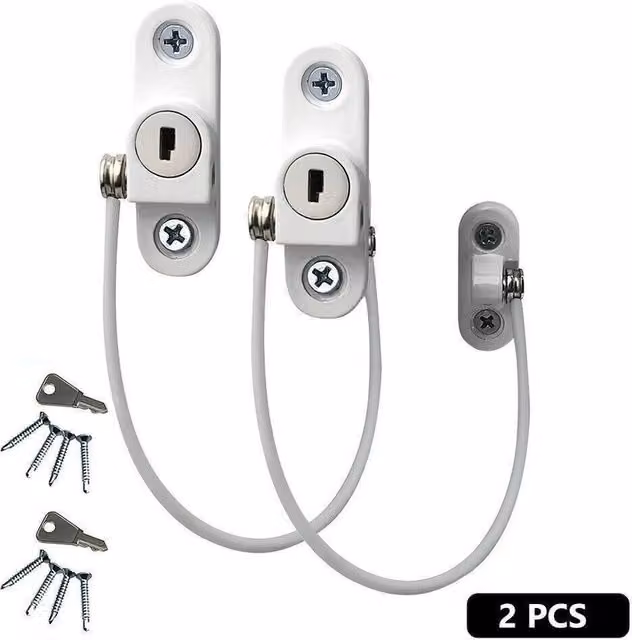 PAWNORA White Window and Door Restrictor Security Lock Cable Catch with Key, 2 Pack – 1
