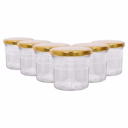 Argon Tableware Glass Jam Jars with Airtight Gold Lids, 130ml, Pack of 6, Transparent – 1