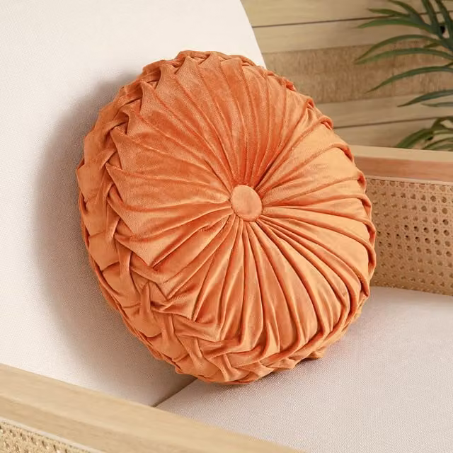 Livingandhome Round Pleated Pumpkin Velvet Cushion, Orange, Diameter: 35 cm